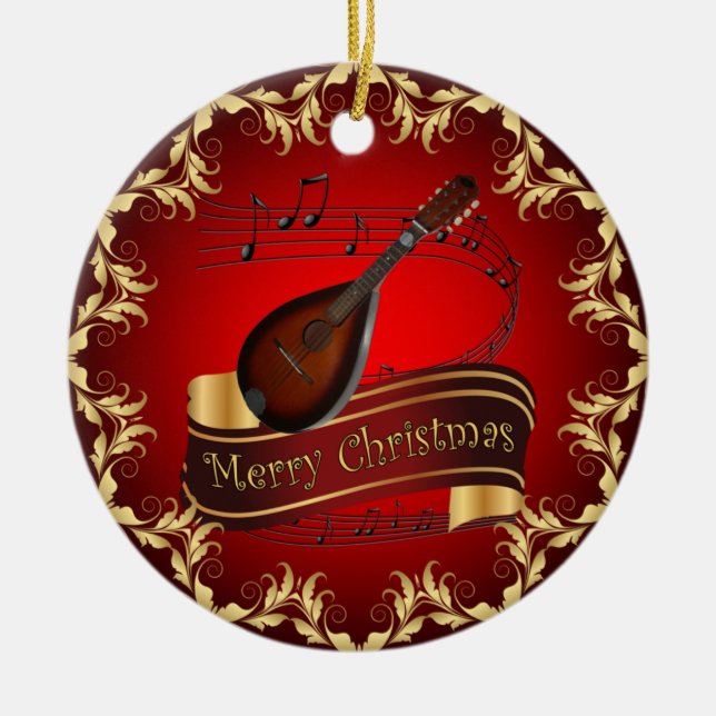 Mandolin 01~ Musical Scroll ~ Merry Christmas ~  Ceramic Ornament (Front)