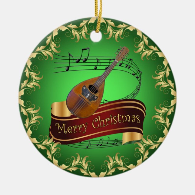 Mandolin 02 ~ Musical Scroll ~ Merry Christmas ~  Ceramic Ornament (Front)