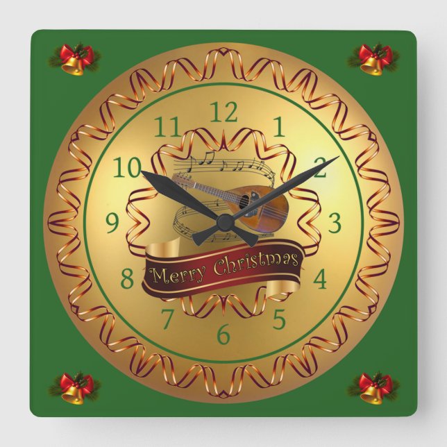 Mandolin 02~ Musical Scroll ~ “Merry Christmas”  Square Wall Clock (Front)