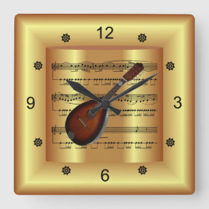 Mandolin ~ Curved Sheet Music ~ Gold Background ~ Square Wall Clock