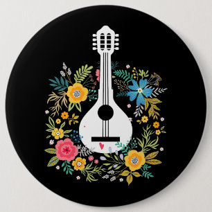 Mandolin Flowers Pattern Player String Instruments Button