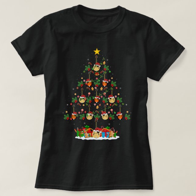Mandolin Lover Xmas Tree Lights Funny Santa Mandol T-Shirt (Design Front)