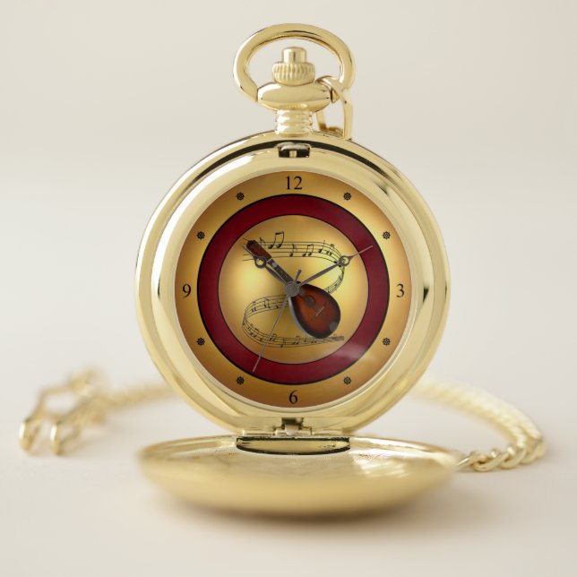 Mandolin ~ Musical Scroll ~ Gold/Maroon/Black Back Pocket Watch (Inside)