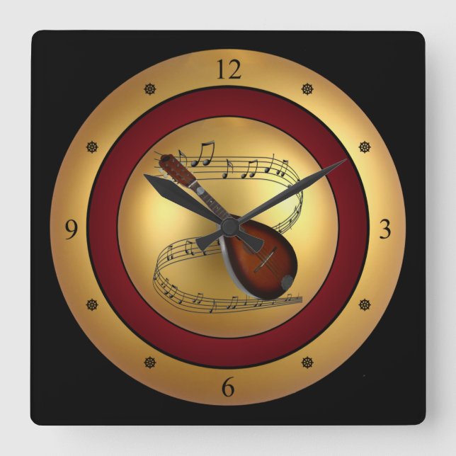 Mandolin ~ Musical Scroll ~ Gold/Maroon/Black Back Square Wall Clock (Front)