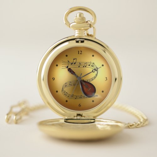 Mandolin Musical ScrollGolden Globe Background  Pocket Watch