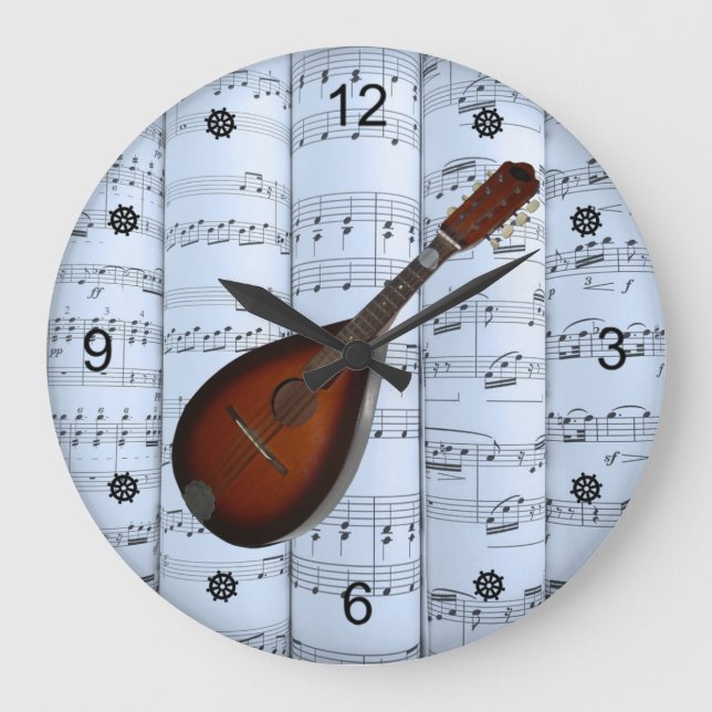 Mandolin~Rolled Sheet Music~Blue Tint Background ~ Large Clock (Front)