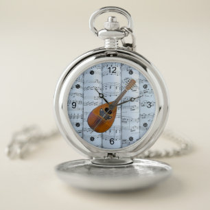 Mandolin~Rolled Sheet Music~Blue Tint Background ~ Pocket Watch