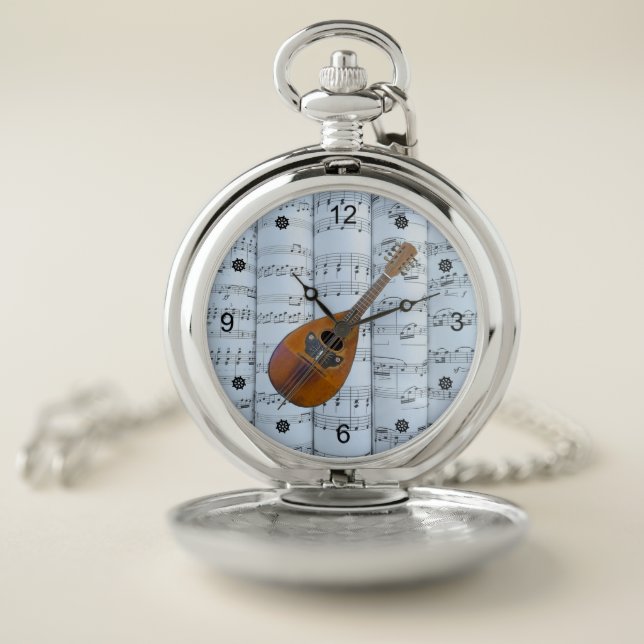 Mandolin~Rolled Sheet Music~Blue Tint Background ~ Pocket Watch (Inside)