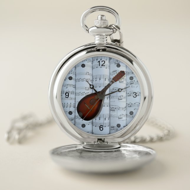 Mandolin~Rolled Sheet Music~Blue Tint Background ~ Pocket Watch (Inside)