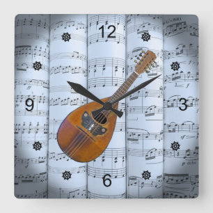 Mandolin~Rolled Sheet Music~Blue Tint Background ~ Square Wall Clock