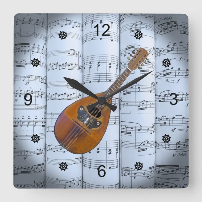 Mandolin~Rolled Sheet Music~Blue Tint Background ~ Square Wall Clock (Front)