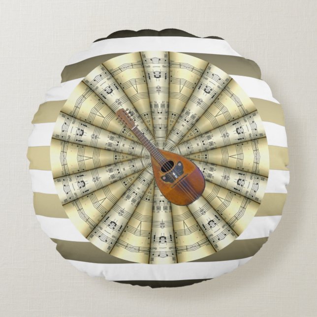 Mandolin ~ Rolled Sheet Music~ Striped Background~ Round Pillow (Front)