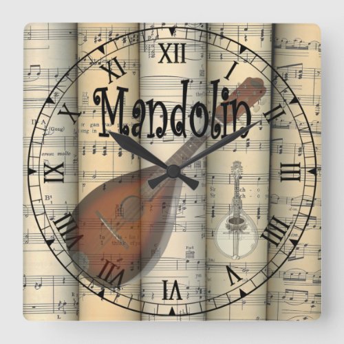 Mandolin  Rolled Vintage Sheet Music  Unique  Square Wall Clock