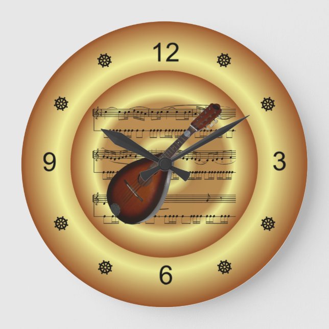 Mandolin ~ Sheet Music ~ Gold Background ~  Large Clock (Front)