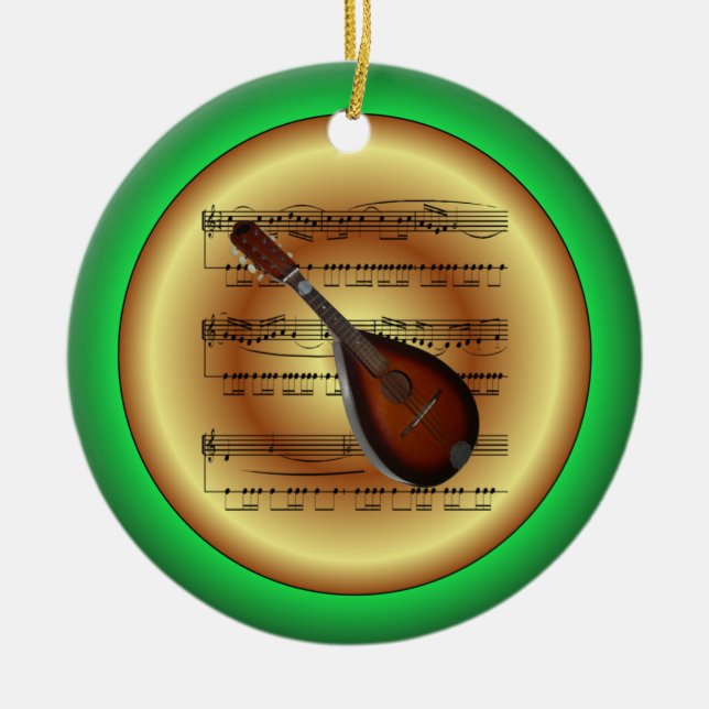 Mandolin~Sheet Music~Red/Green/Gold~Christmas~ Ceramic Ornament (Front)