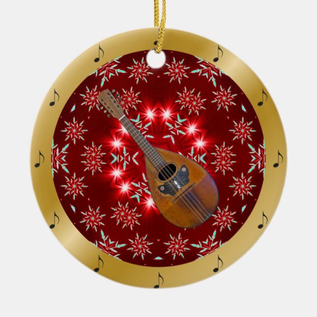 Mandolin ~ Silver ~ Red~ Gold ~ Christmas ~ Ceramic Ornament (Front)