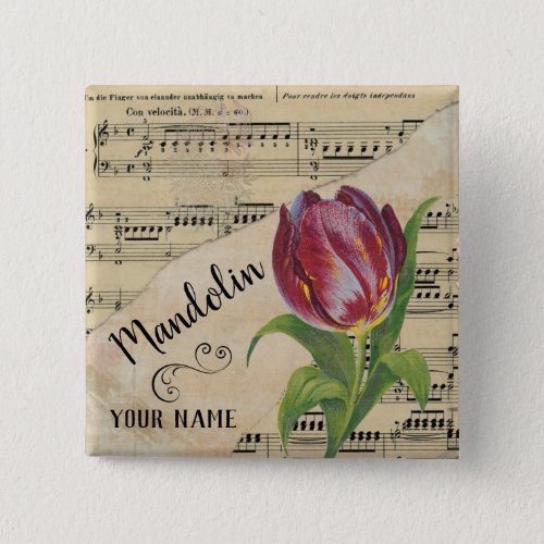 Mandolin Tulip Vintage Sheet Music Customized Square Button