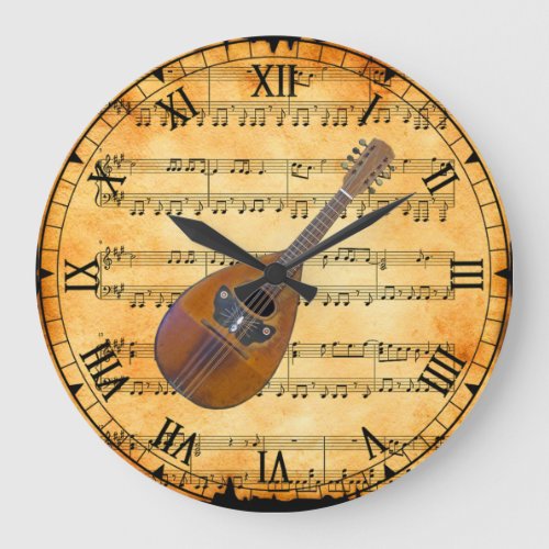 Mandolin  Vintage Sheet Music Background  Unique Large Clock