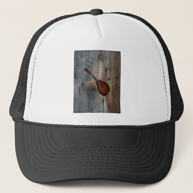 Mandolin w/Barnwood Background ~ CC BY-SA 3.0 Trucker Hat (Front)