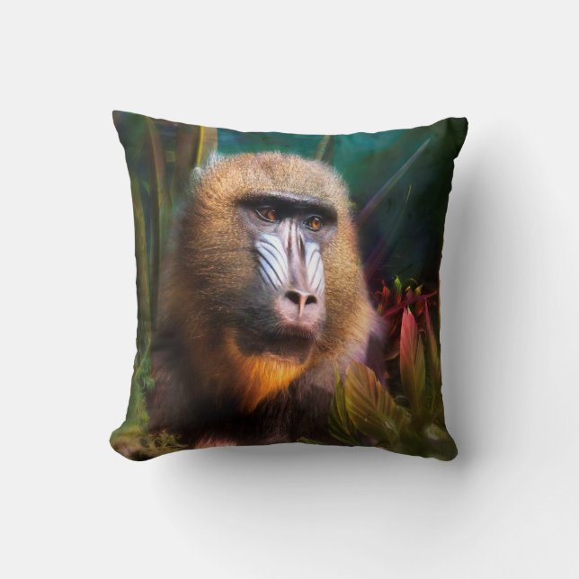 Mandril Baboon MASK IN THE JUNGLE Throw Pillow (Front)