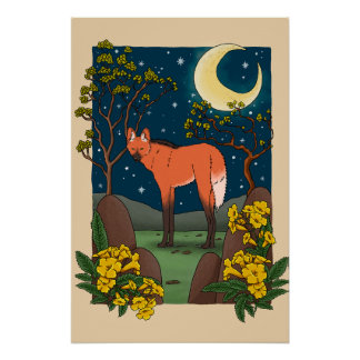 Maned Wolf and Ipe Flower Pillow - Brazilian Anima Poster