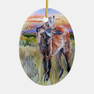 Maned Wolf Watercolor Art Ceramic Ornament