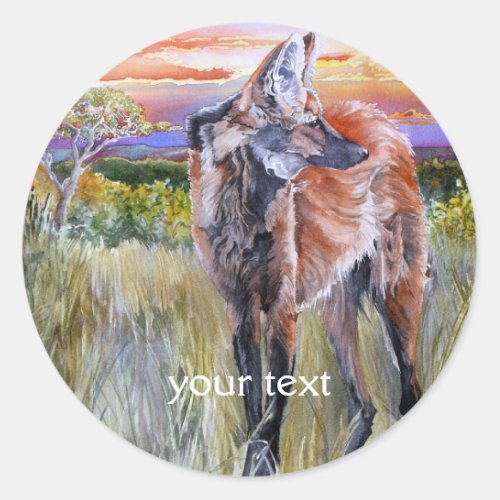Maned Wolf Watercolor Art Classic Round Sticker
