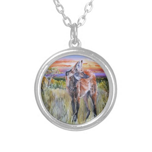 Maned Wolf Watercolor Art Silver Plated Necklace
