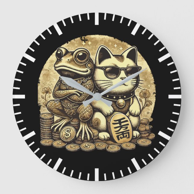 Maneki Neko and Jin Chan - Luck and Prosperity Large Clock (Front)