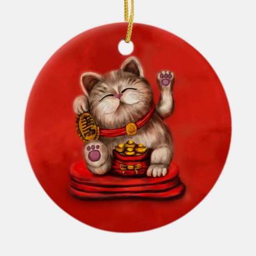 Maneki_neko Beckoning cat on red Ceramic Ornament