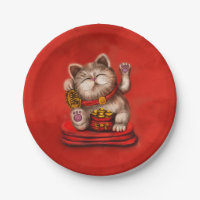 Maneki-neko Beckoning cat on red Paper Plates