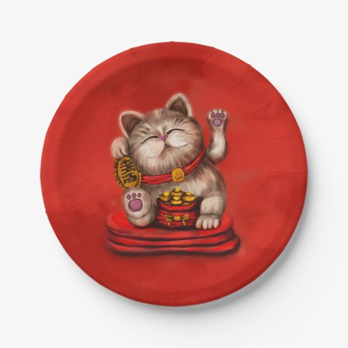 Maneki_neko Beckoning cat on red Paper Plates