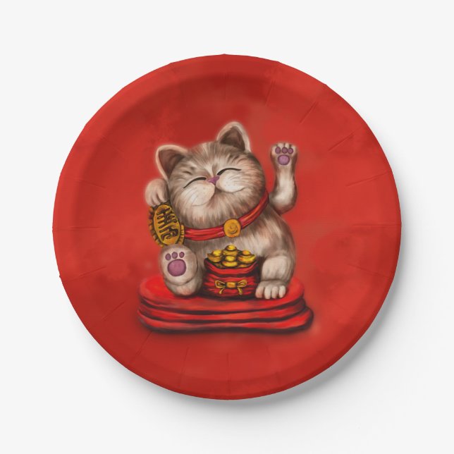 Maneki-neko Beckoning cat on red Paper Plates (Front)