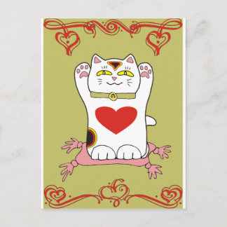 Maneki Neko Calico Cat with Hearts Postcard