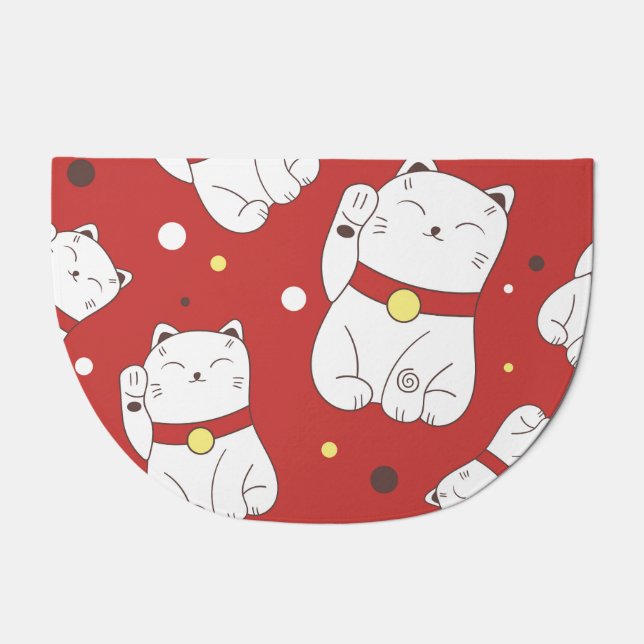 Maneki-Neko cat, Japanese doodle pattern. Doormat (Front)