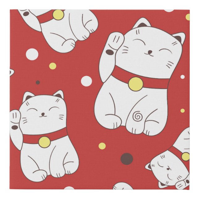 Maneki-Neko cat, Japanese doodle pattern. Faux Canvas Print (Front)