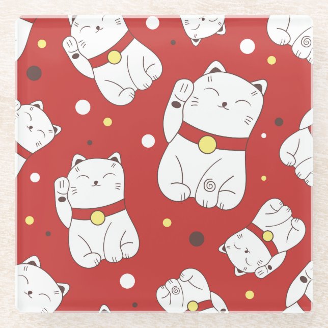 Maneki-Neko cat, Japanese doodle pattern. Glass Coaster (Front)