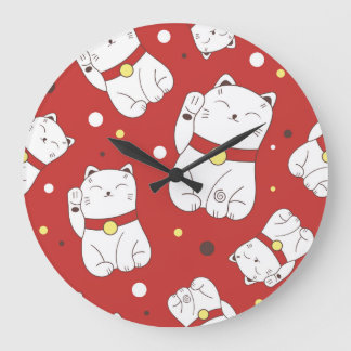 Maneki-Neko cat, Japanese doodle pattern. Large Clock
