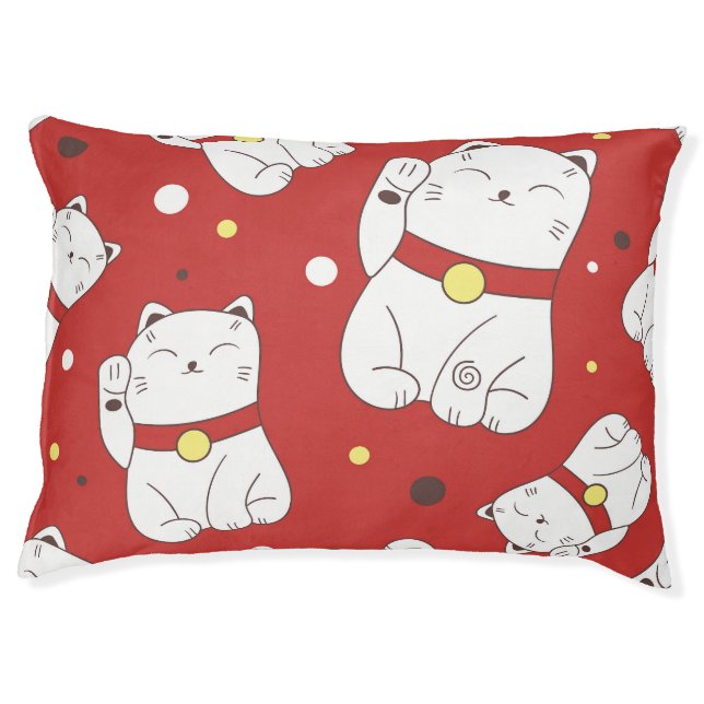 Maneki-Neko cat, Japanese doodle pattern. Pet Bed (Front)