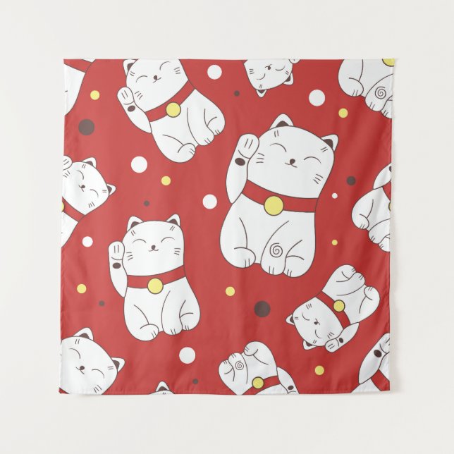 Maneki-Neko cat, Japanese doodle pattern. Tapestry (Front)
