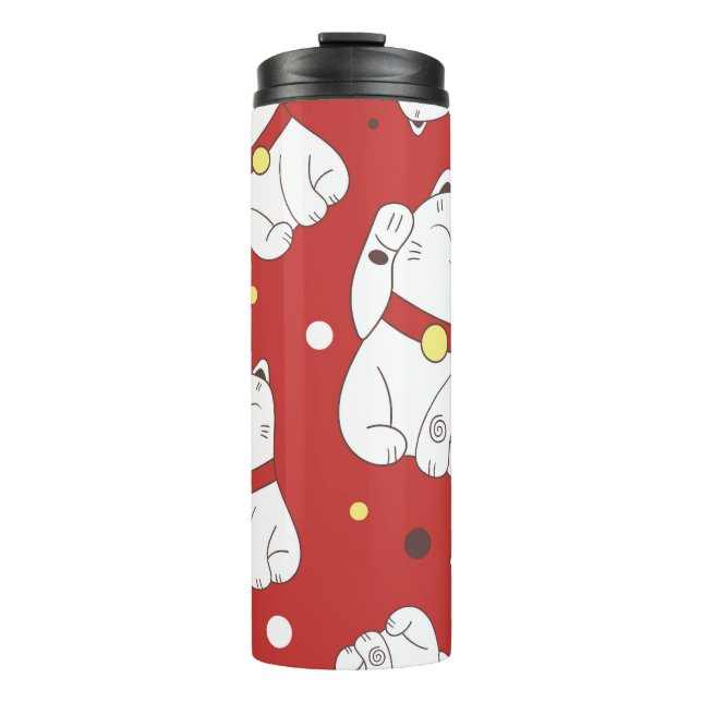 Maneki-Neko cat, Japanese doodle pattern. Thermal Tumbler (Front)