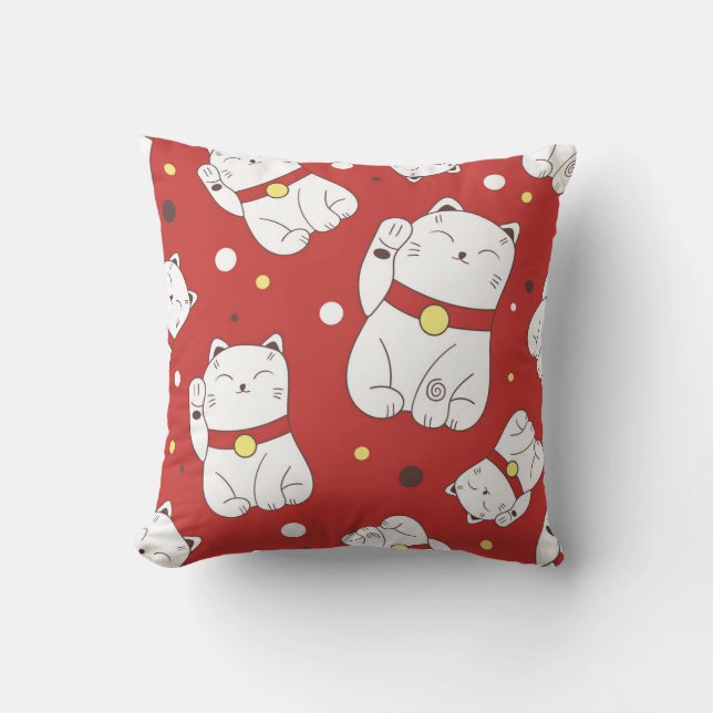 Maneki-Neko cat, Japanese doodle pattern. Throw Pillow (Front)