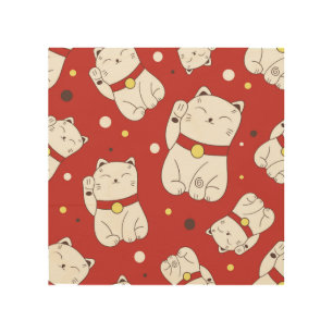 Maneki-Neko cat, Japanese doodle pattern. Wood Wall Art