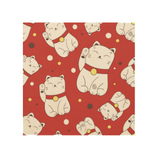 Maneki-Neko cat, Japanese doodle pattern. Wood Wall Art