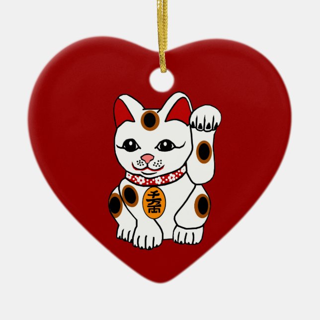 Maneki Neko Cat on Red Background Ceramic Ornament (Front)