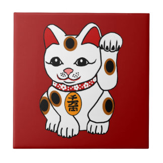 Maneki Neko Cat on Red Background Ceramic Tile