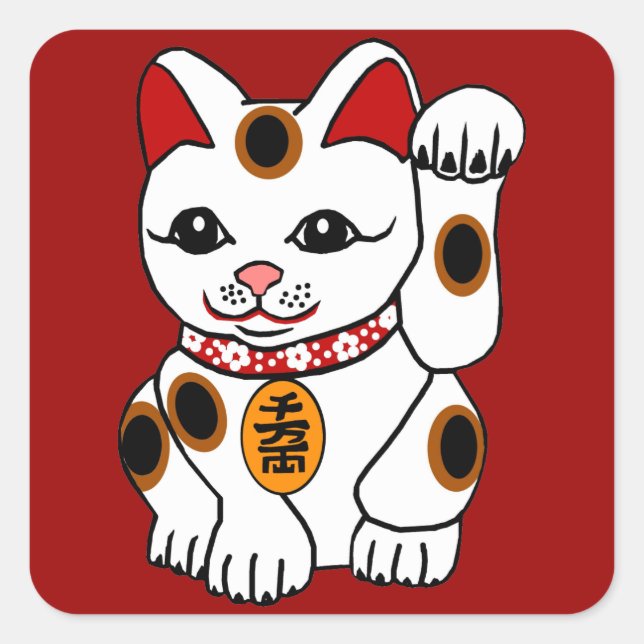 Maneki Neko Cat on Red Background Square Sticker (Front)
