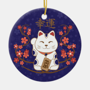 Maneki-neko cat with good luck kanji ceramic ornament