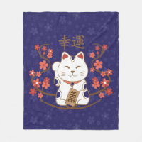 Maneki-neko cat with good luck kanji fleece blanket