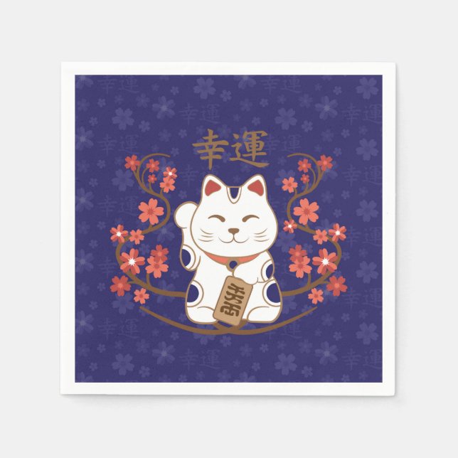 Maneki-neko cat with good luck kanji napkins (Front)